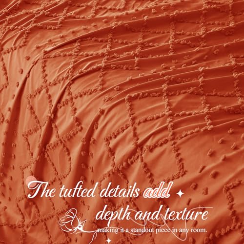 Manyshofu 5Pcs Boho Full Duvet Cover Set - Tufted Burnt Orange Duvet Cover Pattern, Shabby Chic Boho Bedding Set Textured Comforter Covers with Embroidery Pillow Shams Manyshofu