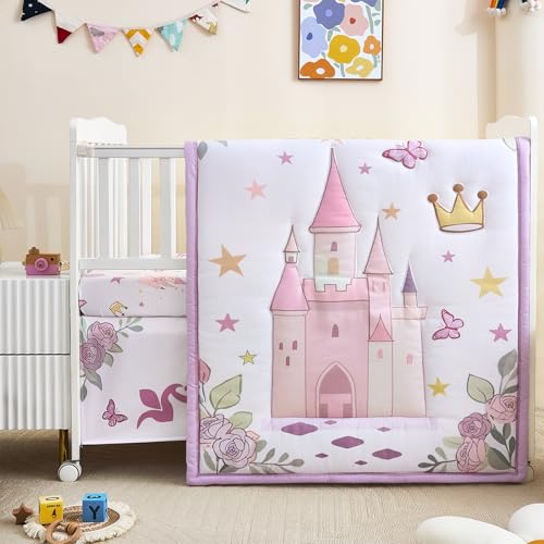 NacoMoco 3-Piece Crib Bedding Set for Girls - Ultra Soft Baby Bedding Set Includes Crib Comforter, Sheet & Skirt (Purple) NacoMoco