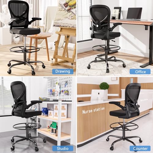 Alolo Drafting Chair,Big and Tall Office Chair with Footrest Ring,Ergonomic Chair for Counter Height and Standing Desk Comfy with Lumbar Support and Flip-up Armrests in Heavy Rolling Base,Black Alolo