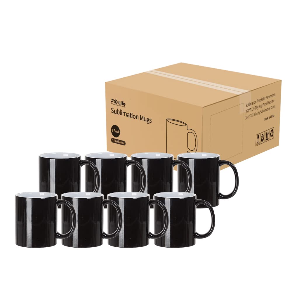 PYD Life 8 Pack Sublimation Mugs Blanks 11 OZ Color Changing Magic Mugs Glossy Black Coffee Mugs Ceramic Photo Cups Bulk for Cricut Mug Press Print