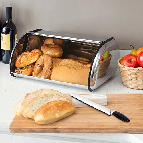 ENLOY Bread Box for Kitchen Counter, Stainless Steel Roll Top Bread Bin, Sliver Bread Storage Holder with Lid, Large Capacity Bread Keeper, 17 x 11 x 7 Inches ENLOY