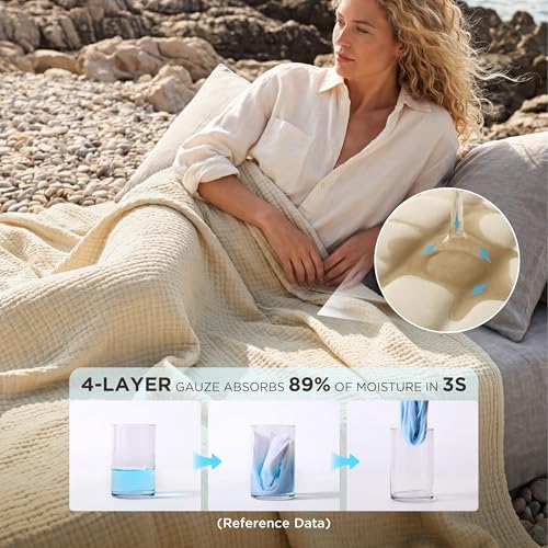 Bedsure 100% Cotton Muslin Blanket King Size for Bed - 4-Layer Breathable and Lightweight Thin Soft Summer Gauze Muslin Blanket for Adults, Linen Beige, 108x90 Inches Bedsure