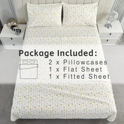 Softan Yellow Floral Bed Sheets Full Flower Printed Sheets - Patterned Microfiber Fitted Sheets Full with 15" Deep Pocket & Non-Slip Straps, Cute Flower Sheets & Pillowcase Set Softan