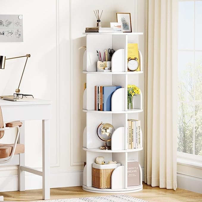 FOLINALA Rotating Bookshelf, Small Corner Bookcase with Storage for Small Space, 2 Tier 360 Spinning Bookshelf Tower, Revolving Book Shelf Organizer for Bedroom, Living Room and Study Room (White) FOLINALA