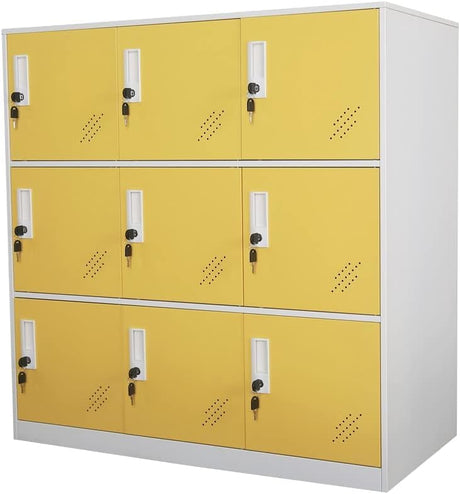 Reccmeny 9 Doors Metal Locker Girls Bedroom and Playroom Storage for Bags,Toys and Book, Office Cabinet Locker for Employee (Yellow) Reccmeny