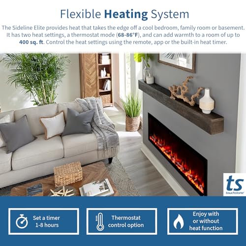 Touchstone Sideline Elite Smart Electric Fireplace - Alexa/WiFi Enabled- 42" Wide - in Wall Recessed - 60 Color Combinations - 1,500W Heater - Black - Log, Crystals, and Driftwood Touchstone