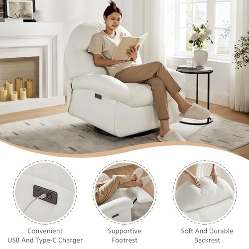 VANOMi Power Recliner Chair with USB & Type-C Charging, 270° Swivel Glider Rocker, Electric Nursery Recliner for Living Room, Bedroom, and Office, White