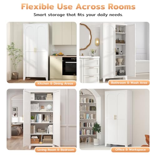 Zevemomo 71'' Tall Metal Pantry Cabinet with 2 Doors, Freestanding Kitchen Storage Cabinet with 4 Adjustable Shelves, Steel Cupboard for Kitchen, Pantry, Dining Room, Living Room, Bathroom, White Zevemomo