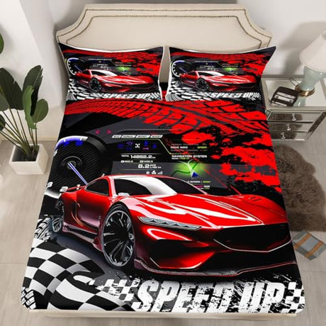 Feelyou Kids Twin Size Red Sports Car Bed Sheet Set for Boys & Girls, Race Car Bedding with Buffalo Plaid Bed Cover Feelyou