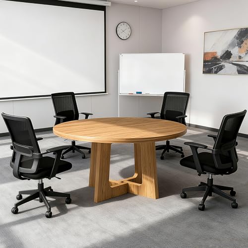 47-Inch Round Conference Table Wooden Wood Base, Modern Wooden Conference Table for 4-6 People, Easy Assembly Boardroom Table (Natural) TMGSK