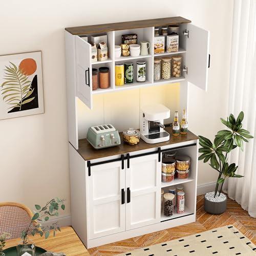 72" Kitchen Pantry with Wine Bar, LED Pantry Cabinet with 2 Sliding Doors & Open Shelf, Versatile Cupboard with 2 Doors & Charging Port for Living Room, Kitchen, Apartment, White AFANLAX