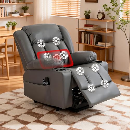 Culect Electric Lift Recliner with Massage Heating Function Mild Zero-Gravity and Stand-Assist Feature, Recliner Chair with 2 Remote Controls and USB Port, Large Side Pockets, Gray PU