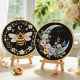 ERKOON Embroidery Kit for Beginners, 2 Set Flower Cross Stitch Set Include Embroidery Cloth Hoops Threads for Craft Lover Hand Stitch with Embroidery Skill Techniques (Bee Moon)