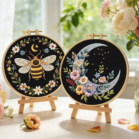 ERKOON Embroidery Kit for Beginners, 2 Set Flower Cross Stitch Set Include Embroidery Cloth Hoops Threads for Craft Lover Hand Stitch with Embroidery Skill Techniques (Bee Moon) ERKOON