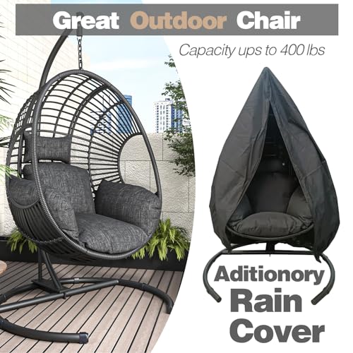 CHINNLUU Oversized Hanging Egg Chair Outdoor Wicker Swing Chair with Stand Rain Cover UV Resistant Cushion 400lbs Capacity for Patio, Garden and Balcony CHINNLUU