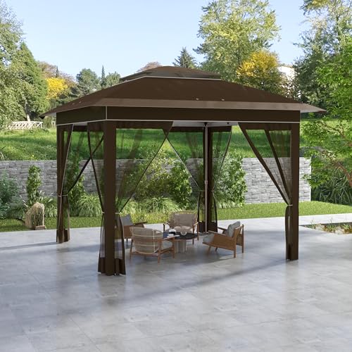 Outsunny 12' x 12' Pop Up Canopy Tent with Netting and Carry Bag, Instant Sun Shelter with 137 sq.ft Shade, Tents for Parties, Height Adjustable, for Outdoor, Garden, Patio, Dark Brown Outsunny