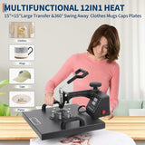 12 in 1 Heat Press Machine 15x15 Pro 30 oz Tumbler Attachment, 360° Swing Away | Industrial Quality Sublimation Press for T-Shirts, Tumblers, Mugs, Hats & Plates GarveeHome
