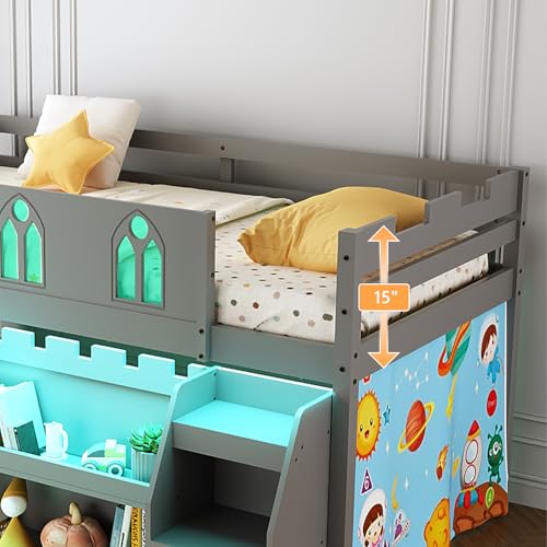 JOYMOR Low Loft Bed Twin Size with LED Lights, 4 Storage Shelves, Removable Curtain, Kids Wood Loft Bed with 15" H Safety Guardrail, Spave Saving, Mattress Not Included (Gray) JOYMOR