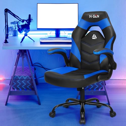 N-GEN Video Gaming Chair Ergonomic Computer Desk Office Chair with Lumbar Support Adjustable Height Swivel Wheels Flip-Up Arms PU Leather Home and Office (Blue) NEO CHAIR