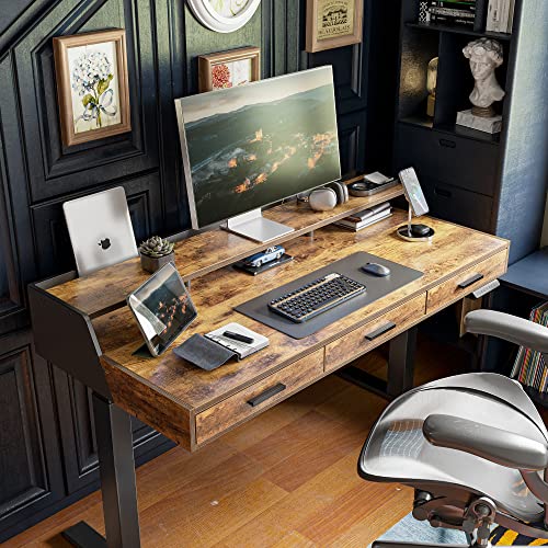 FEZIBO Electric Standing Desk with Drawers, 55x26 Inch Standing Desk Adjustable Height, Stand Up Desk with Monitor Shelf, Sit Stand Home Office Desk, Rustic Brown FEZIBO