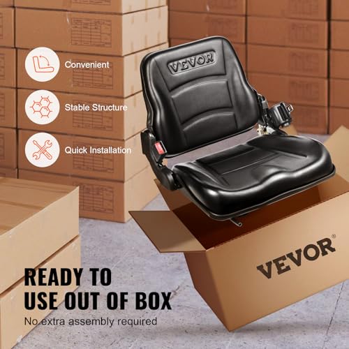 VEVOR Universal Forklift Seat, Fold Down Tractor Seat with Adjustable Angle Back, Micro Switch and Retractable Seatbelt, 6.3-13.4 inch Slot Forklift Seat for Tractor Loader Excavator VEVOR