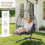 ONBRILL Hanging Egg Chair with Adjustable Footrest & Stand, Wicker Rattan Swing Hammock Chair with Cushion & Double Chains, 350LBS Capacity for Outdoor & Indoor Patio, Deck, Bedroom, Balcony (BL-GR)
