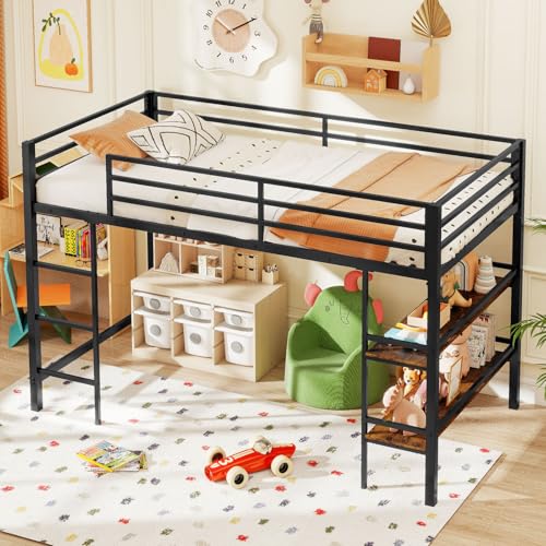 Giantex Low Loft Bed Twin Size, Heavy Duty Metal Frame w/Storage Shelves, Ladder & Full-Length Guardrails, Ample Under-Bed Space, Kids Loft Bed with Stairs for Boys Girls Junior, No Box Spring Needed Giantex