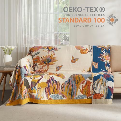 Boho Throw Blanket for Bed 60”x80”, 100% Cotton Woven Blanket for Couch Sofa, Ultra Soft 4-Layer Muslin Quilt with Floral Printed, Farmhouse Bed Blanket/Cover for Living Room Decor SE SOFTEXLY