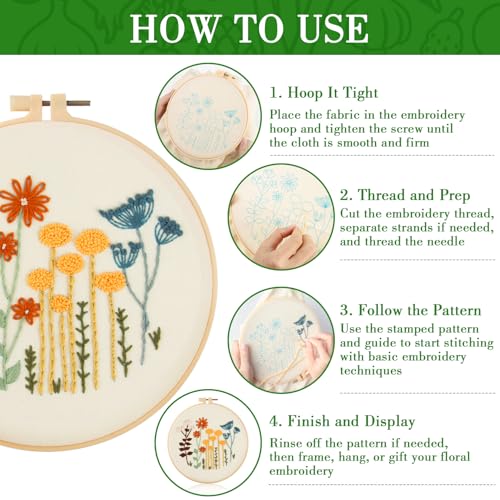 RAINFLOW Embroidery Kit for Beginners 3 Sets Stamped Cross Stitch Kits,Needle Point Kits Adults Beginner with Stamped Easy Flowers Plant Patterns,DIY Needlework Mothers Day Gifts for Adults Women