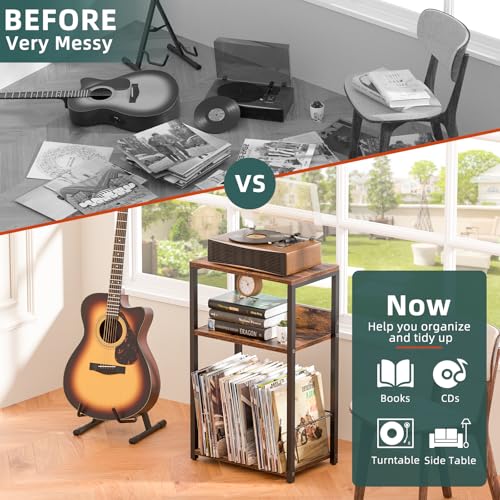 LELELINKY Record Player Stand, 3-Tier End Side Table with Vinyl Record Storage, Vinyl Record Holder Up to 120 Albums, Turntable Stand with Vinyls Storage for Music Living Room, Brown LELELINKY