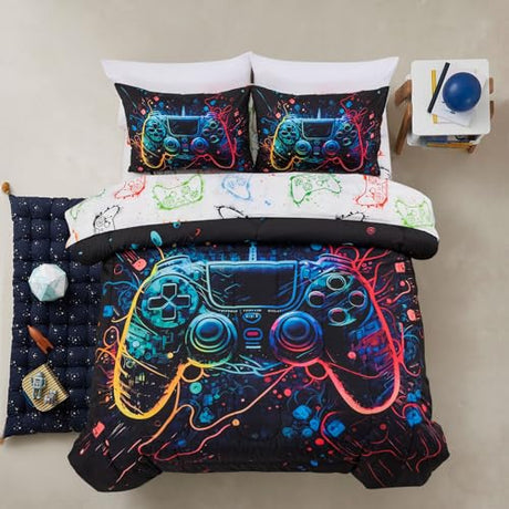 A Nice Night Boys Twin Size 5-Piece Game Console Comforter Set, for Kids Teen 3D Colorful Background Space Universe Gamepad Gaming Printed Matching Sheet Sets A Nice Night