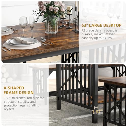 DWVO 3-Piece Dining Table Set for 4-6 People, 63" Dining Room Table with 2 Benches, Industrial Rectangular Dining Room Table Set with Storage for Kitchen, Dining Room, Rustic Brown - WoodArtSupply