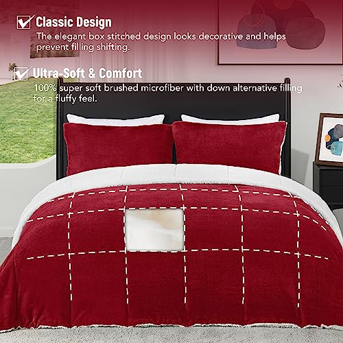 downluxe Ultra-Soft Micromink Sherpa King Size Comforter Set with 2 Pillow Shams - 3-Piece Set - Red - Plush Warm Fall Winter Bedding Comforter Sets downluxe