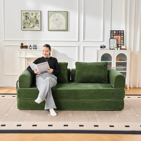 Liiwepo 79" Convertible Sofa Bed, 5-in-1Boneless Couch for Living Room with 2 Pillows Corduroy Folding Sleeper Sofa Bed, Boneless Cloud Loveseat Futon Sofa Bed for Living Room Bedroom Lounge, Green Liiwepo