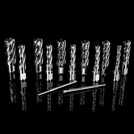 OSCARBIDE Annular Cutter Set 13pieces,2"Cutting Depth,3/4"Weldon Shank and 7/16 to 1-1/16 inch Cutting Diameter Mag Drill Bits for Magnetic Drill Press with 2pcs Pilot Pins OSCARBIDE