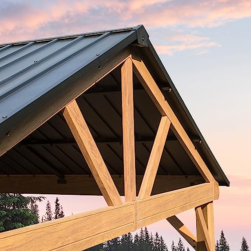 Domi 12' x 14' Hardtop Gazebo with Galvanized Steel Gable Roof, Pergola with Wood-looking Aluminum Frame, Permanent Pavilion Outdoor Gazebo with Ceiling Hook for Deck Patio Lawn Yard Backyard Grill domi outdoor living