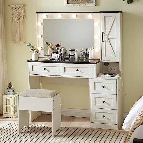 JXQTLINGMU Farmhouse Vanity Makeup Desk with Charging Station, 43" W Vanity Desk with Lights Mirror and Drawers for Makeup, Big Modern Vanity Table Set with Vanity Stool for Bedroom, White JXQTLINGMU