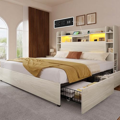 YITAHOME King Bed Frame with Bookcase Headboard and 4 Storage Drawers, RGB LED Light Bed with Type-C & USB Charging Station Storage Headboard Bed Frame, No Box Spring Needed, Noise Free, Antique White YITAHOME