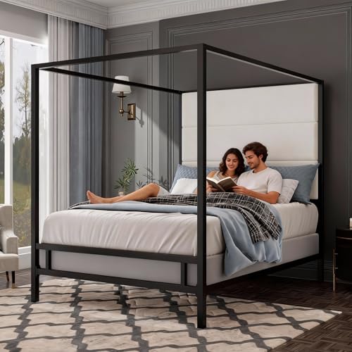 BEDGJH Queen Modern Canopy Bed Frame - Metal 4-Poster with Tall Linen Upholstered Headboard, Box Spring Required (Black,White, Queen)