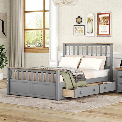 Harper & Bright Designs Full Bed with 2 Storage Drawers, Solid Wood Full Size Platform Bed with Headboard and Footboard, Full Size Bed Frame for