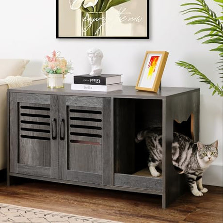 Zerbuger Large Wooden Cat Litter Box Enclosure, Hidden Dog Proof Litter Box with Cat Scratch Pad, Cat Washroom Cabinet, Cat House 37" L x 18.5" D x 21.3" H, Oak Grey Zerbuger