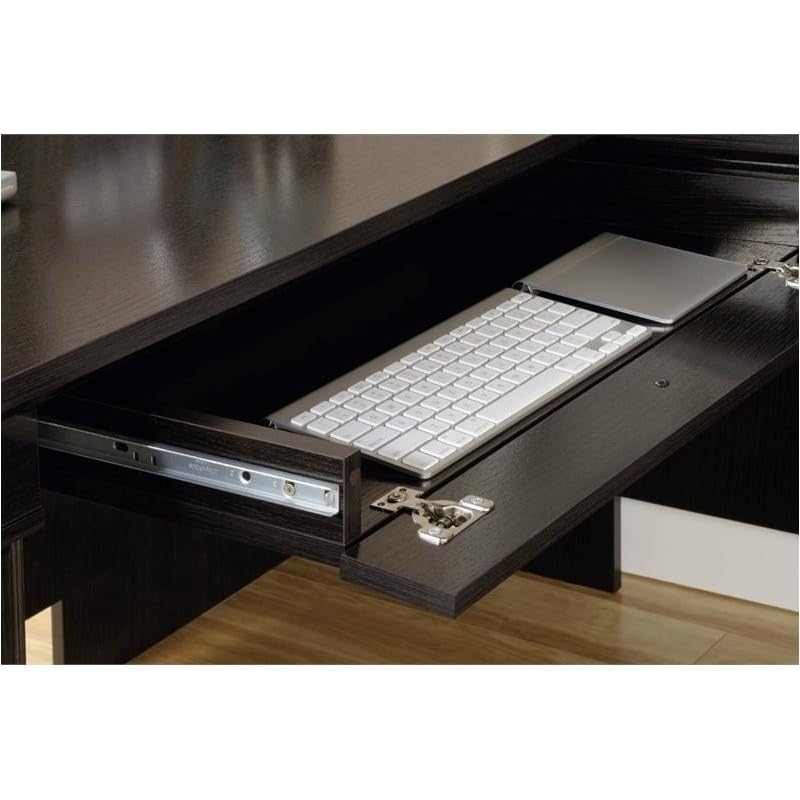 BOWERY HILL L-Shape Home Office Executive Desk with Large Drawers, Letter Size Hanging File Drawer and CPU Tower in Wind Oak Finish BOWERY HILL