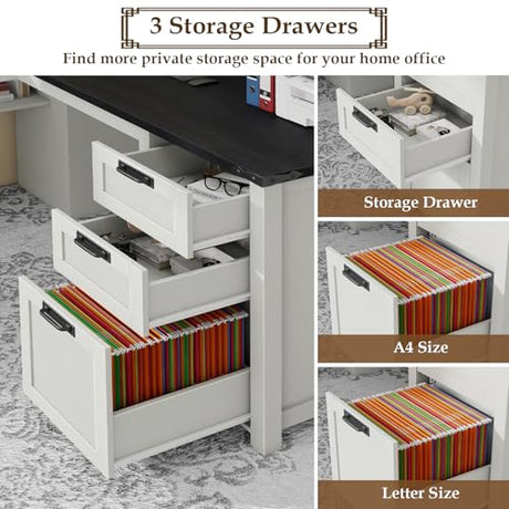 Halitaa Farmhouse L Shaped Executive Desk with Drawers and Storage Shelf, Corner Standing Desk with Charging Station L-Shaped Executive Desks for for Home Office, Study, Bedroom Halitaa