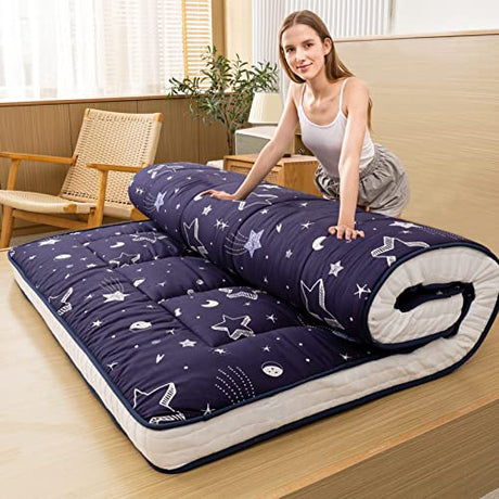 MAXYOYO Futon Mattress, Navy Star Japanese Floor Mattress Portable Quilted Bed Mattress, Extra Thick Folding Sleeping Pad Breathable Floor Lounger Guest Bed for Camping Couch, Full MAXYOYO