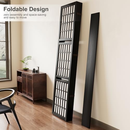 Room Divider with Shelves, 66.9-Inch Tall Japanese Shoji Style Wood Screen with Double Hinges for Home Office Decoration (6 Panels, Black) Svimi
