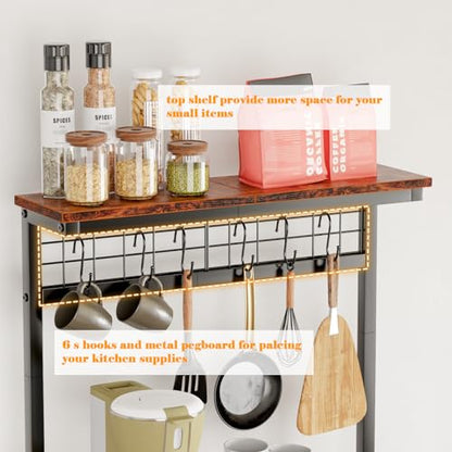 Furologee Kitchen Bakers Rack with Power Outlet, Microwave Oven Stand with Storage 4 Tiers, Coffee Bar Table with 6 S Hooks, Kitchen Storage Shelf Rack for Spices, Pots, Rustic Brown