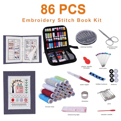 Udihch Embroidery Stitch Book Kit for Beginners, Embroidery Kit Set with 6-Inch Hoops, Portable Sewing Kit (86 Pcs), Includes Embroidery Thread and Needle Accessories, The Stitch Book, 2026 New DIY
