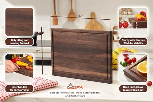 Cozifa American Walnut Wood Cutting Board 17"Lx12"Wx1"Thick for Kitchen with Juice Groove, Inner Handles, Gift Box; Wooden Chopping Board Finished - WoodArtSupply