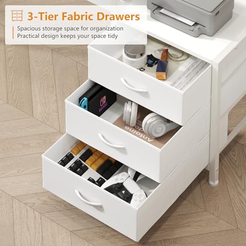 YOMILUVE Reversible Computer Desk with Hutch, Home Office Desk with Drawers and Bookshelf, 52'' Study Writing Desk with Storage Shelves for Bedroom Home Office, White YOMILUVE