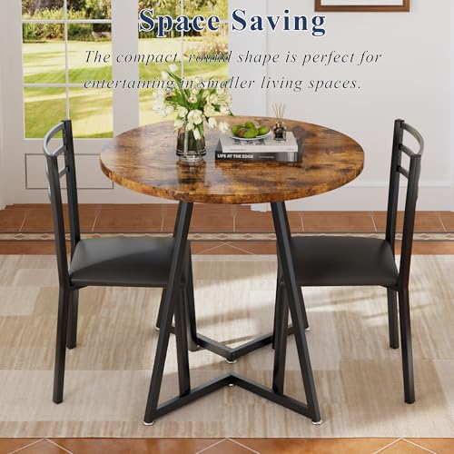VECELO Small Round Kitchen Table with 2 Upholstered Chairs, 3-Piece Wood Dinette Sets with Steel Frame for Breakfast Nook, Dining Room, and Small Space, Brown VECELO